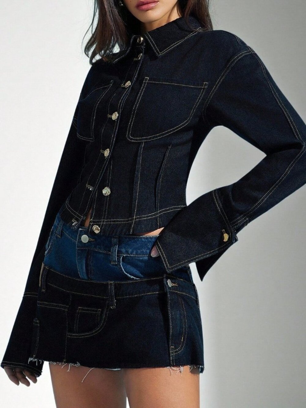 Dark Wash Casual Women's Cinched Waist Exaggerated Cuffs Collared Denim Shirt - Picture 5 of 5